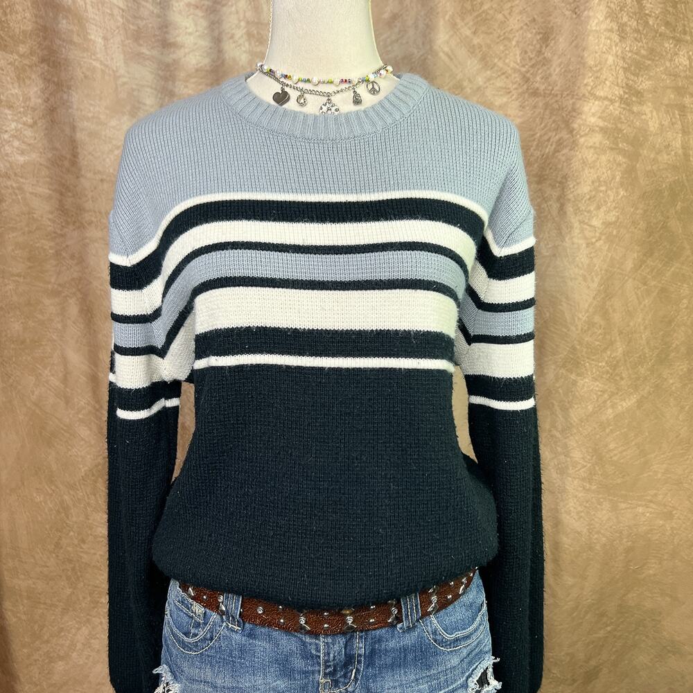 Striped Knit Sweater Vintage 80s Center Stripe Long Sleeve Gray Black Skater Y2K